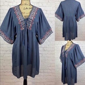 Boho Kimono Sleeve Lace Up Embroidery Detailed Dress